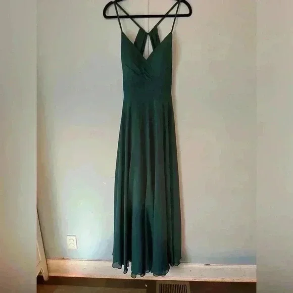 NWT Azazie Avelina A-Line V-Neck Pleated Chiffon Floor-Length Peacock Size A10 - Picture 4 of 13